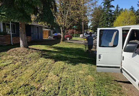 Overgrown backyard cluttered with branches, weeds, and scattered yard debris